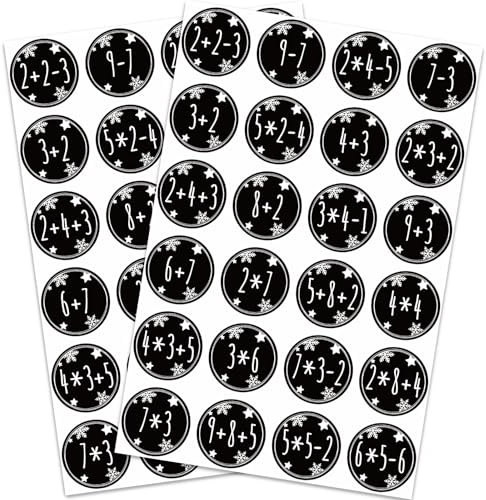 2x 24 Adventskalender Zahlen Aufkleber Schwarz - Weihnachten Adventskalender Sticker 1-24 Nummern mit Rechenaufgaben - Zahlenaufkleber Selbstklebend zum Basteln