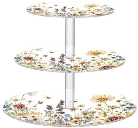 Blueangle 3-Tier Round Cupcake Stand – Herbs and Wild Flowers Acrylic Dessert Tower, Non-Slip Tiered Dessert Stand for Baby Shower, Birthday, Wedding Party （459）