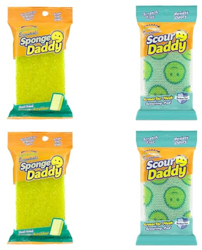 Scrub Daddy Sponge Daddy et Scour Daddy Essentials, Éponges de Cuisine pour Le Nettoyage, Tampons Non Rayants avec FlexTexture, Éponges Vaisselle pour Le Lavage, Cuisine & Salle de Bain