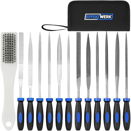 EffektWerk - Jeu de limes aiguilles - 12 pièces pour bois, métal, plastique - 160x4mm - Rondes, demi-rondes, carrées, triangulaires, plates et plates fines - Brosse de nettoyage + étui à outils