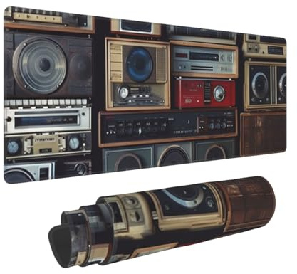 Large Gaming Mouse Pad with Non-Slip Rubber Base, Vintage Wall of Radio Boombox Mouse Mat with Stitched Edge, Extended Desk mat for Laptop Desk Pad 12x31.5, Desk Writing Pad for Office and Home