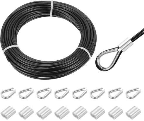 QUARKZMAN 20 meter x 4 mm vajer rostfritt stål, stålvajer spänntråd med 8 x pressöglor, hylsor och 8 x kausar, rostfritt stål rep 304 gardinrep, tvättlina för klätterväxter, svart
