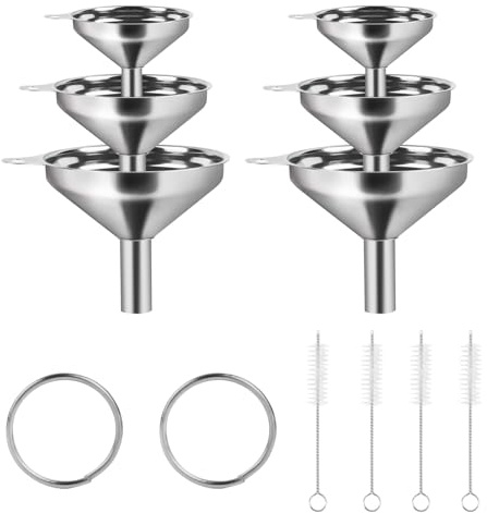 12Pcs Stainless Steel Kitchen Funnel Set with Rings & Cleaning Brushes | 6 multi-size metal funnels for bottles & containers, great for liquid, spice & jam transfer for daily cooking use