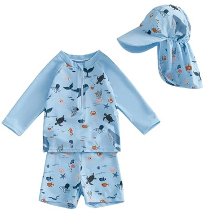 Generisch Maillot de bain à manches longues Rashguard pour garçon - Maillot de bain avec bonnet - Ensemble 3 pièces pour tout-petits, bleu clair, 6-12 mois