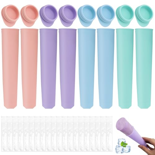 BORISCA Lot de 8 Moule à Glace en Silicone, Moule à Popsicle avec 20 Sachets de Glace, Popsicle Mold Réutilisable avec Couvercle, Moule a Glacons en Silicone Multicolore, Moule pour Glace Maison
