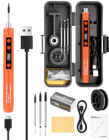 Lizoak Kit Fer à Souder Électronique 15W | Chauffe 8s | Batterie 650mAh avec Charge Continue | 3 Pannes de Précision K/3C/B | 180-450°C Réglable | Station de Travail Portative USB(Orange)