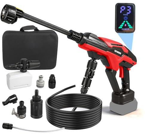 Batteridriven högtryckstvätt 990PSI mobil högtryck vattenpistol kompatibel med Milwaukee 18 V batteri med borstlös motor 6-i-1 munstycke 3 inställningsnivåer LED-skärm för bilar, väggrengöring (utan