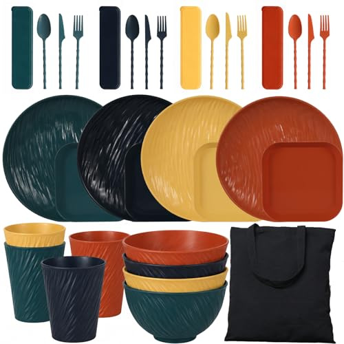 YESAH Dinner Set for 4,Camping Tableware with Plates Bowls Cups Cutlery | Colourful Unbreakable Lightweight Plastic Picnic Set with Carry Bag for Camping,Caravan,BBQ,Hiking and Travel