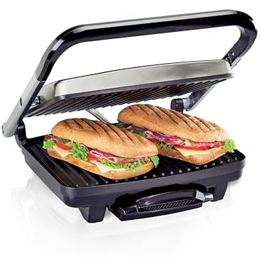 Hamilton Beach Panini Press, Sandwich Maker & Electric Indoor Grill, Upright Storage, PFAS-Free Nonstick Easy Clean Grids, Stainless Steel (25410)