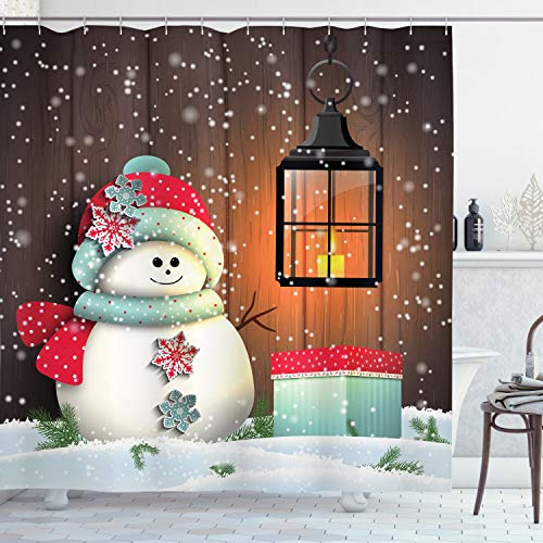 ABAKUHAUS Weihnachten Duschvorhang, Garten mit Geschenkkarton, Stoffliches Gewebe Badezimmerdekorationsset mit Haken, 175 x 180 cm, Braun weiß
