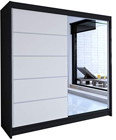 Mirjan24 Schiebetürenschrank Talin III, Aluminiumgleitschienen, Kleiderschrank mit Kleiderstange, Einlegeboden für Schlafzimmer, Diele (Schwarz/Weiß + Spiegel, ohne Beleuchtung)