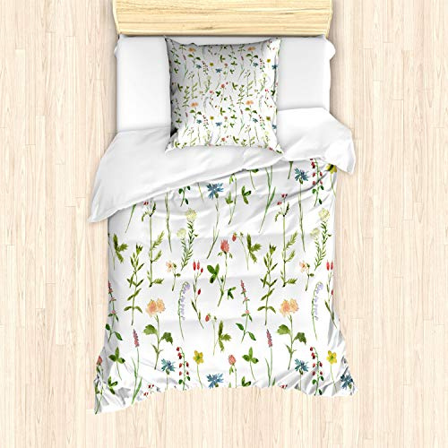ABAKUHAUS Blumen Bettbezug Set für Einzelbetten, Herb Flowers Aquarelle, Milbensicher Allergiker geeignet mit Kissenbezug,Weiß Grün
