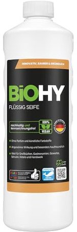BiOHY Flüssig Seife (1l Flasche) | Hautschonende, rückfettende & flüssige Handseife | PHOSPHATFREI | geruchsneutrale Hygiene | auch für das Gesicht geeignet | ohne Parfüm & Farbstoffe