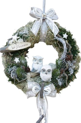 Türkranz D32 Weihnachten mit Zwei Eulen, Weiß | Weihnachtskranz, für Tür und Wand, Handgefertigt in Deutschland, Mit Schleife und Willkommen-Schild