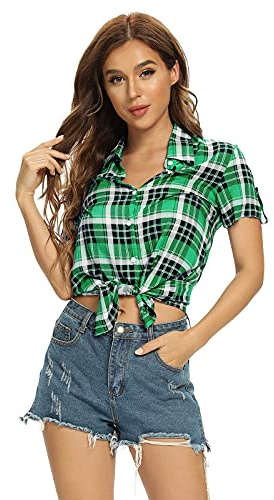 Aeslech Chemise Femme Chemisier à Carreaux Chic Boutonnée Manche Courte D'été 3 Vert Tag L