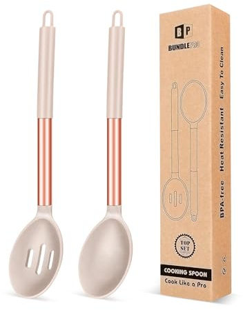 Paquete de 2 Cucharón de Silicona, Cucharas Grandes Solidas, Utensilios de Cocina para Mezclar, Cocinar, Servir y Freir Comida, Verduras, Salad（Oro rosa-Caqui） | Cucharas de cocina grandes resistentes al calor, color caqui oro rosa para mezclar, servir, drenar, remover