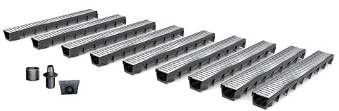 MEA Pack de 9 Caniveaux Extérieurs MEAPARK – Grille en Acier Galvanisé – Drainage Terrasse, Piscine, Jardin – Classe A15 Piéton – Largeur utile 10 cm