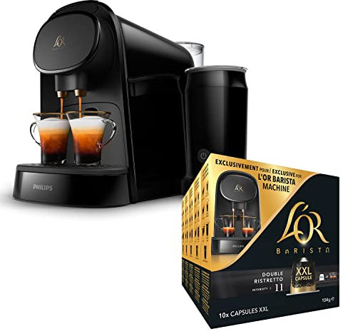 L'OR BARISTA Coffee Machine & Milk Frother by Philips with L'OR Double Ristretto XXL 5X10PC, Double Shot, Aluminium Coffee Capsules (Total 50 XXL Capsules) Intensity 11