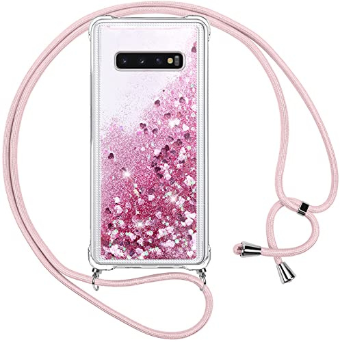 Vauki handyband für Samsung Galaxy S10 Plus Hülle mit Band,Silikon Durchsichtig Transparent Flüssig Glitzer mit Kette Kordel Bumper Treibsand Necklace TPU Schutzhülle Case für Samsung S10 Plus,Rosa
