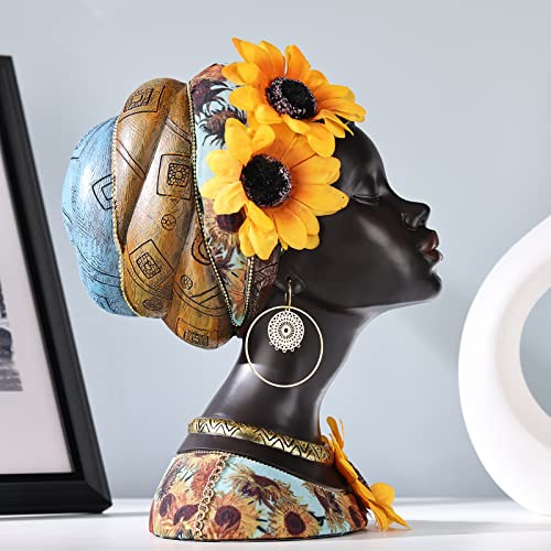 Figura de niña de girasol, estatua de busto de arte africano, resina negra, adecuada para sala de estar, escritorio, decoración de estantería
