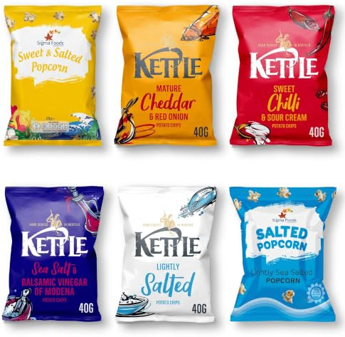 Kettle Hand cooked Crisps Potato Chips Light salted Cheddar & Red Onion Sea Salt & Vinegar Black Pepper and Sweet Chilli Sour Cream 40g x 18 Packs + 2 Packs of Lightly Salted and Sweat Salted Popcorn