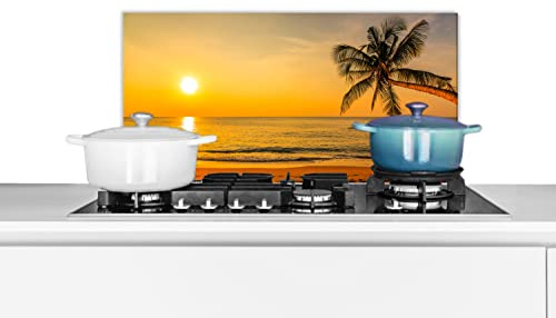 Credence Palmier - Plage - Coucher de soleil - Mer Fond de hotte 60x30 cm Credence aluminium Plaque inox de cuisine