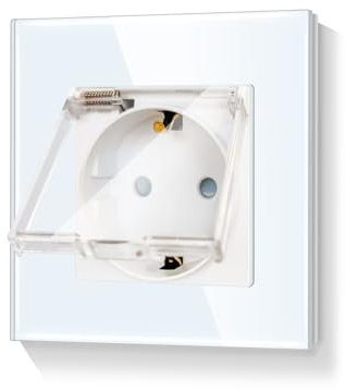 LIAONFOY Schuko Einzelsteckdose mit Deckel Glasrahmen Steckdose mit Kindersicherung Unterputz wasserdicht Wandsteckdose Weiße 110-250V 86mm