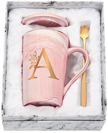 Joymaking Personalisierte Tasse mit Buchstaben Kaffeetasse mit Blumen Motiv, Namen Initiale persönliche Geschenke Kaffeetasse für Frauen Freundin, A - 400ml Rosa