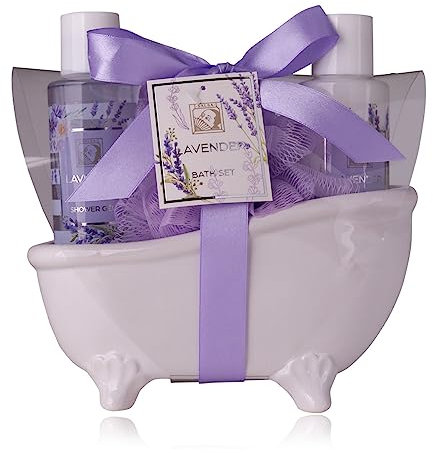 Accentra – Duschset Frauen Geschenkset LAVENDEL in schöner Keramikbadewanne– 3-teiliges Pflegeset mit Duschgel, Bodylotion & Netzschwamm – Wellness Geschenk Set zum Geburtstag, Valentinstag