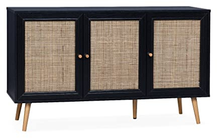 Alice's Home - Sideboard aus Rohrgeflecht, schwarz 120 x 39 x 70 cm - 2 Ebenen, 3 Türen, skandinavischer Stil - Bohème