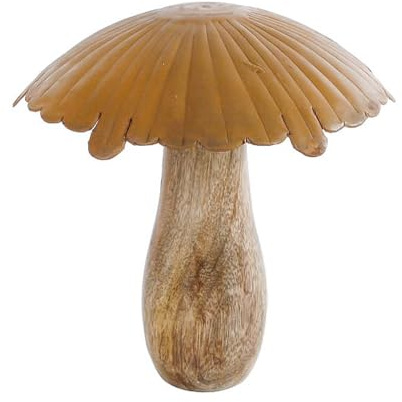 MACOSA VM010374 Dekofigur Pilz Mangoholz Metall 17 cm Beige Rost Holzpilz Skulptur Dekopilz Holz Pilzfigur Herbstdeko Pilz-Statue Herbst Deko Holzdeko