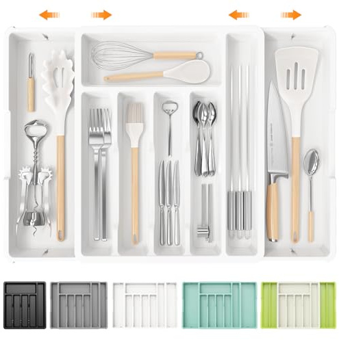iDavosic.ly Cutlery Drawer Organiser,Expandable Large Cutlery Trays for Kitchen, Adjustable Plastic Utensil Flatware Drawer Organiser Holder for Spoon Fork Knife (White)