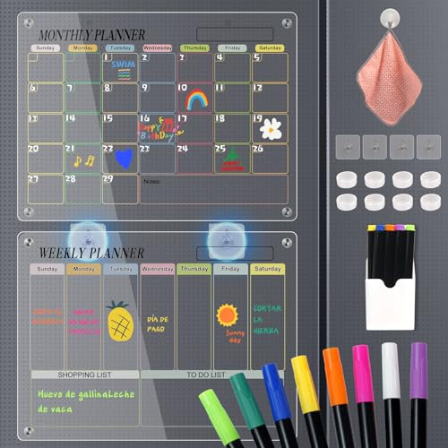 Acryl Magnetische Abwischbare Kalender für Kühlschrank - 2 Stücke 40x30cm Farbe Transparente Wochenplaner Monatsplaner Abwischbar Magnettafeln Familienplaner Menütafel Planungstafeln mit 8 Farbstifte