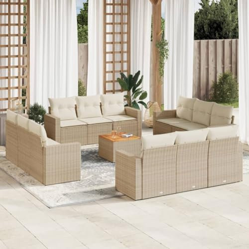 Rantry 13-TLG. Garten Sofagarnitur mit Kissen Gartensofa mit Stauraum GartenloungeBalkonmöbel Gartenmöbel Ecksofa Loungesofa Rattansofa Sitzgruppe mit Gartentisch Gartenset Beige Poly Rattan
