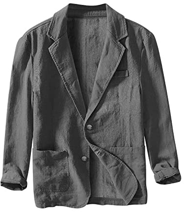 Blazer de lino y algodón para hombre, corte ajustado, color liso, ajuste holgado, chaqueta de traje, blazer blanco, primavera, verano, informal, negocios, gris, 4XL