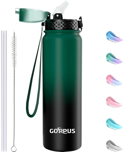 GOPPUS Bouteille d'Eau en Acier Inoxydable 1L/32oz - Thermique à Double Paroi Avec Paille - Isolée Chaude et Froide - Étanche Pour Adulte