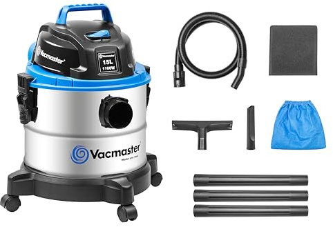 Vacmaster VQ1115S Aspirateur Eau et Poussière, Fonction Soufflerie Aspirateur, Acier Inoxydable Industriel Aspirateur avec & sans Sac 1100W 15L