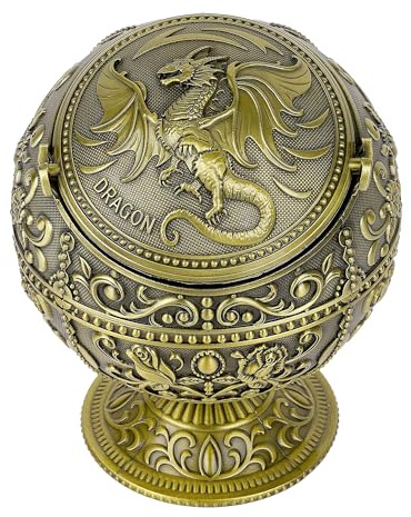 Winddichter großer Aschenbecher mit Klappdeckel für Zigaretten, tragbarer Metall-Drachen-Druck, dekorativer Aschenbecher für Terrasse, drinnen und draußen, Kegel-Räuchergefäß, bronzefarben