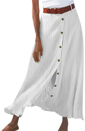 EFOFEI Faldas De Lino Algodón De Verano Playa Boho Faldas Larga Maxi Plisada Cintura Alta Blanco M