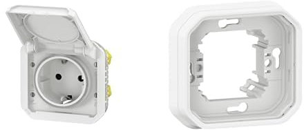 LEGRAND, Plexo New Set, Einsatz Feuchtraum-Steckdose, Berührungsschutz, Klappdeckel, Steckklemmen, 16A, 250V, IP44 - IK08 & 1-fach Feuchtraum-Unterputz-Tragrahmen, Farbe: Ultraweiß, 069640L & 069692L
