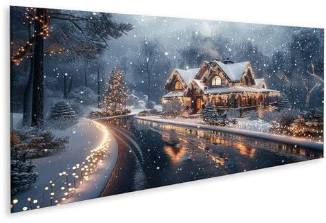 islandburner Bild auf Leinwand Verschneiter Winterabend beleuchtetes Ziegelhaus mit Weihnachtslichtern im Schnee Bilder Wandbilder Poster