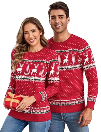 Aottori Maglione Natalizio Donna Girocollo Maglia Natale Coppia Maglioni Natalizi Famiglia Maglieria Lavorato Natalizi Renna Fiocco di Neve Autunno Inverno Rosso S