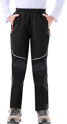 Zoofly Pantalon de Ski pour Enfants Pantalon Thermique Imperméable en Softshell pour Garçons et Filles Doublé de Polaire Chaude, Noir/Camouflage 134-140