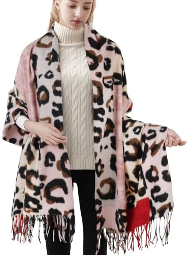 Soudittur Schal Damen Winter Leoparden Muster Pashmina Schals und Tücher mit Fransen Lange Winterschal Warmer Oversized XXL Schal (Rot)