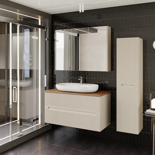 Badezimmermöbel Set Bella 100 Konsole Walnuss | Keramikwaschbecken | Unterschrank | Spiegelschrank | Konsole | Waschbecken mit Unterschrank 100 cm | Softclose | Aufsatzwaschbecken | Konsolenwaschtisch