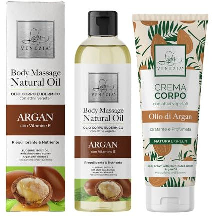 Huile de Massage et Crème pour le Corps à l'Argan, Soin Hydratant, Nourrissant et Anti-Âge, 250 ml et 200 ml, Lady Venezia, Made in Italy