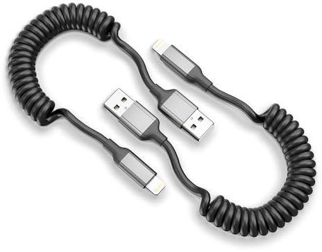 Spiralkabel USB A auf Lightning Kabel Kurz, 2Pack USB iPhone Ladekabel Auto | MFi Zertifiziert Nylon Schnellladekabel und Datenkabel für iPhone 14 13 12 11 Mini Pro Max X 8 7 6 Plus SE iPad, Schwarz-grau