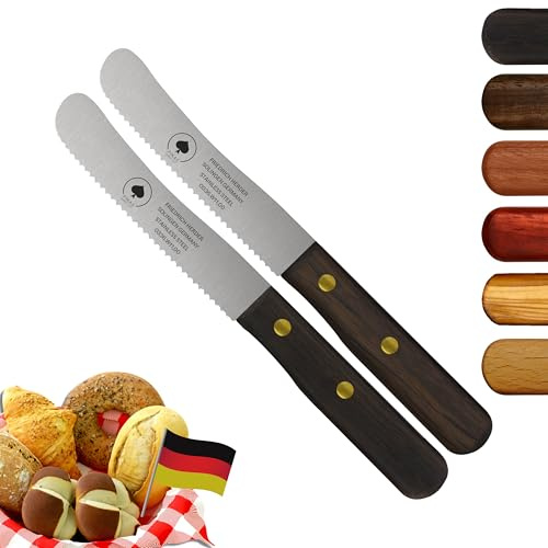 Solingen Messer, 2er Set Räuchereiche Holzgriff, Wellenschliff, Premium Buckelmesser, Klinge rostfrei 11cm - Küchenmesser, Brotmesser, Frühstücksmesser, Dünnschliff & Handabzug, Made in Germany