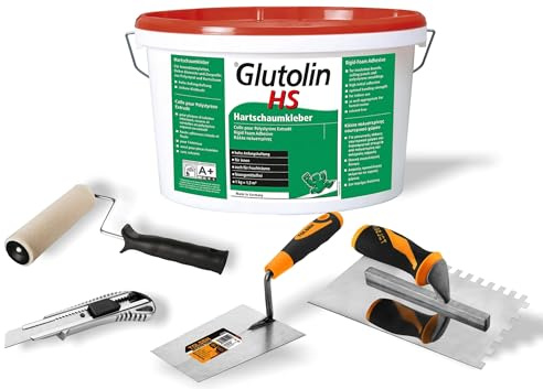 Kit Colla Glutolin Hs 1 X 8 Kg Colla per Depron Collante per Pannelli Isolanti DEPRON + 1 Frattone Dentato, 1 Cazzuola Punta Quadra, 1 Rullo Rasato 20 cm, 1 Cutter 18mm in Metallo