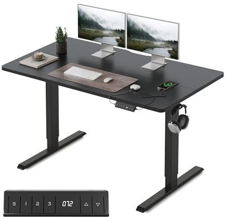 FEZIBO Bureau Électrique Réglable en Hauteur avec Ports de Charge USB-A et USB-C, 120 x 60 cm, Bureau Assis Debout, Ergonomique pour Télétravail, Noir